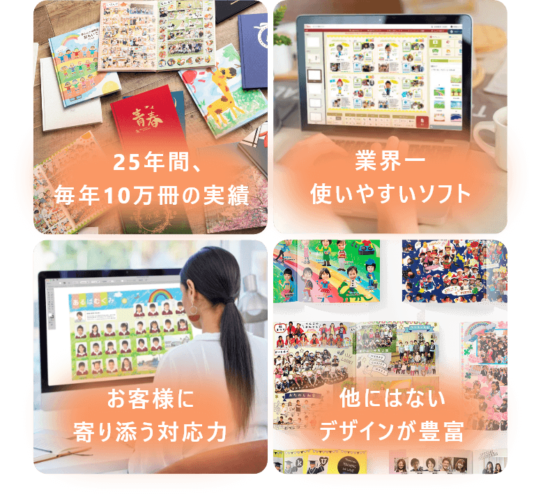 25年間毎年10万冊の実績、業界一使いやすいソフト、お客様に寄り添う対応力、他にはないデザインが豊富